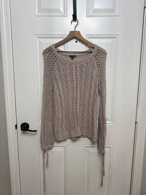 Express Taupe Open-Knit Crewneck Sweater with Tie Cuffs